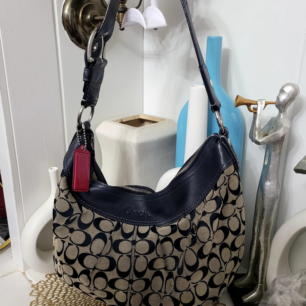 Coach Navy and Tan Signature Hobo Bag - Picture 2 of 13